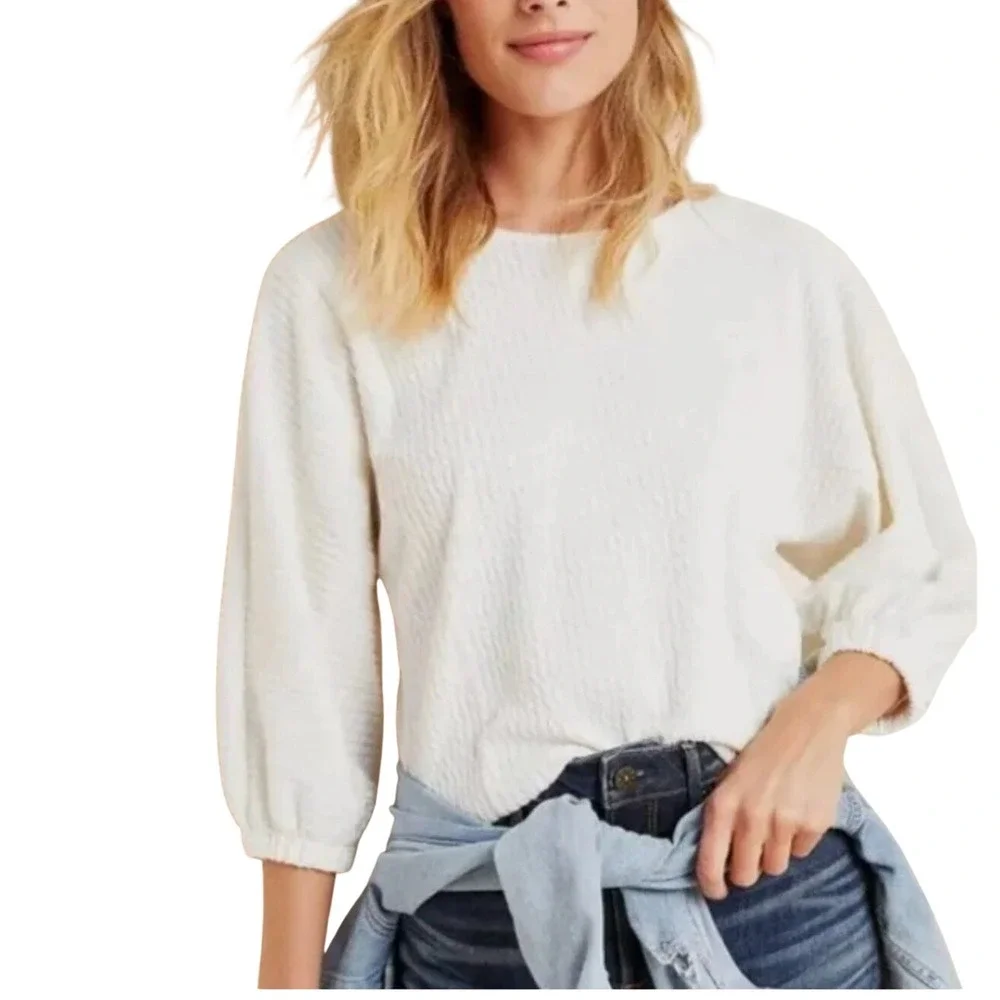 Anthropologie Women Cotton Knit Top XL Cream Textured Balloon Sleeve Preppy
